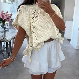 Apricot Casual Women's Side Tie Round Neck Cap Sleeve Sweater